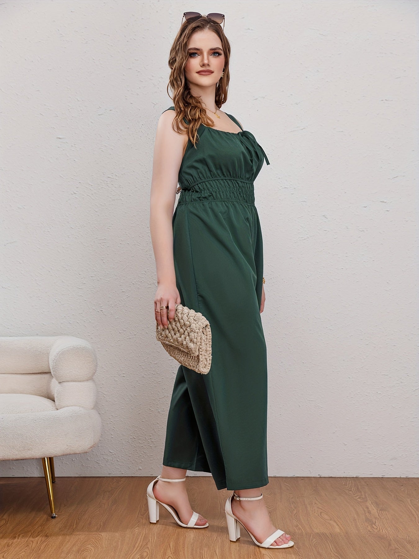  Jumpsuit Tie Front Nipped Waist Square Neck Wide Leg Tank Jumpsuit