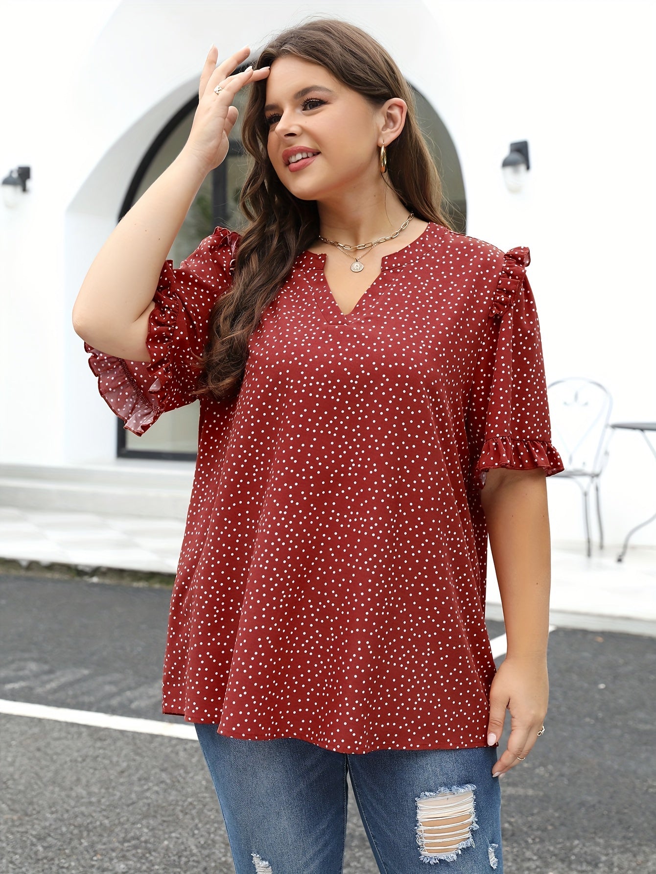  Dot Print Ruffle Trim Short Sleeve V Neck Blouse
