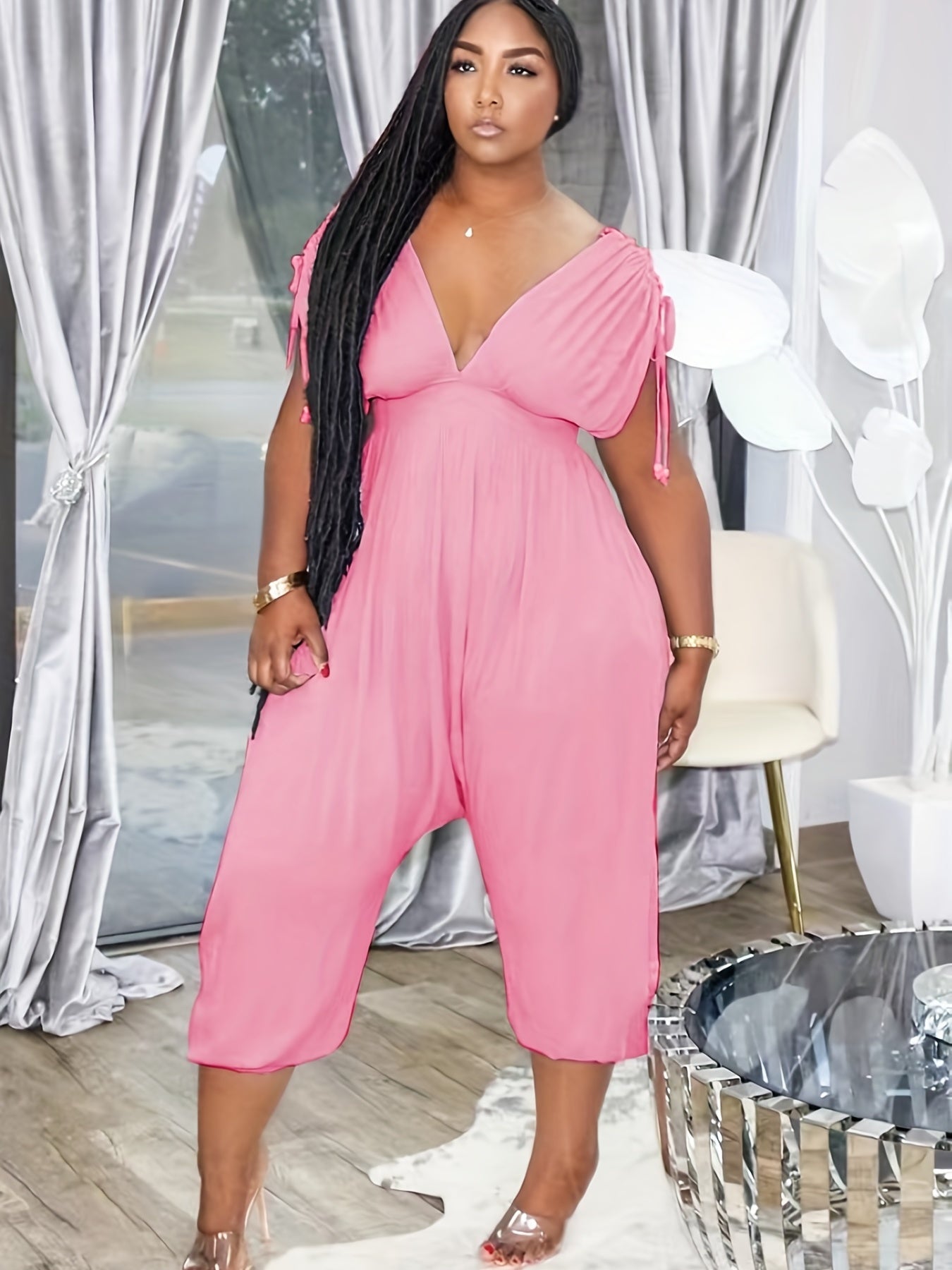 Plunge Neck Ruched Jumpsuit Wide Leg Cropped Jumpsuit