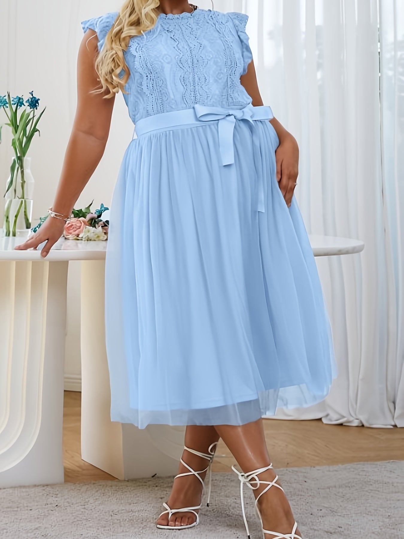  Party Dress Women's Plus Solid Lace Contrast Mesh Ruffle Sleeve