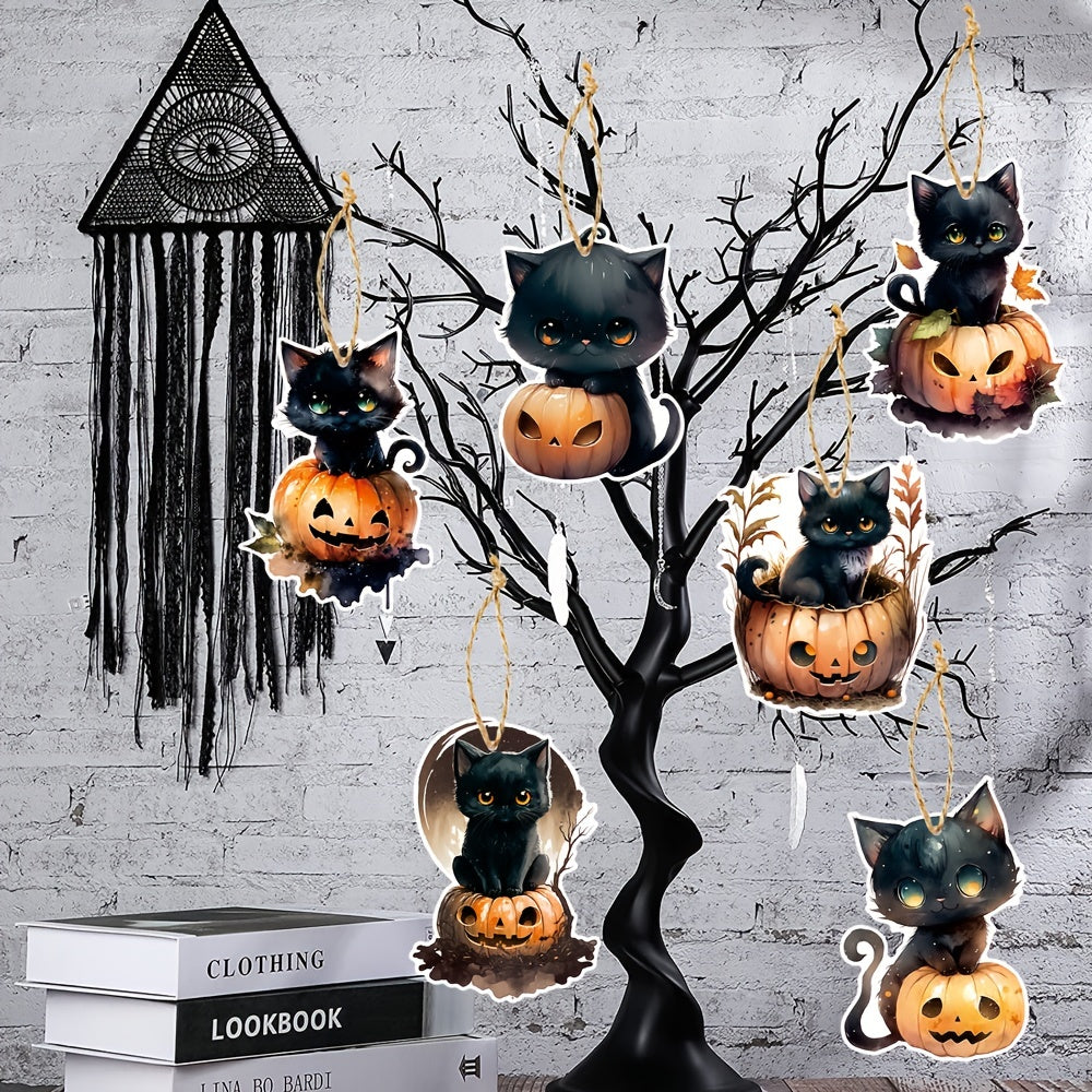 6pcs Halloween Cats Pumpkin Tree Ornaments Cardboard Hanging Cats Ornaments