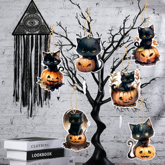 6pcs Halloween Cats Pumpkin Tree Ornaments Cardboard Hanging Cats Ornaments