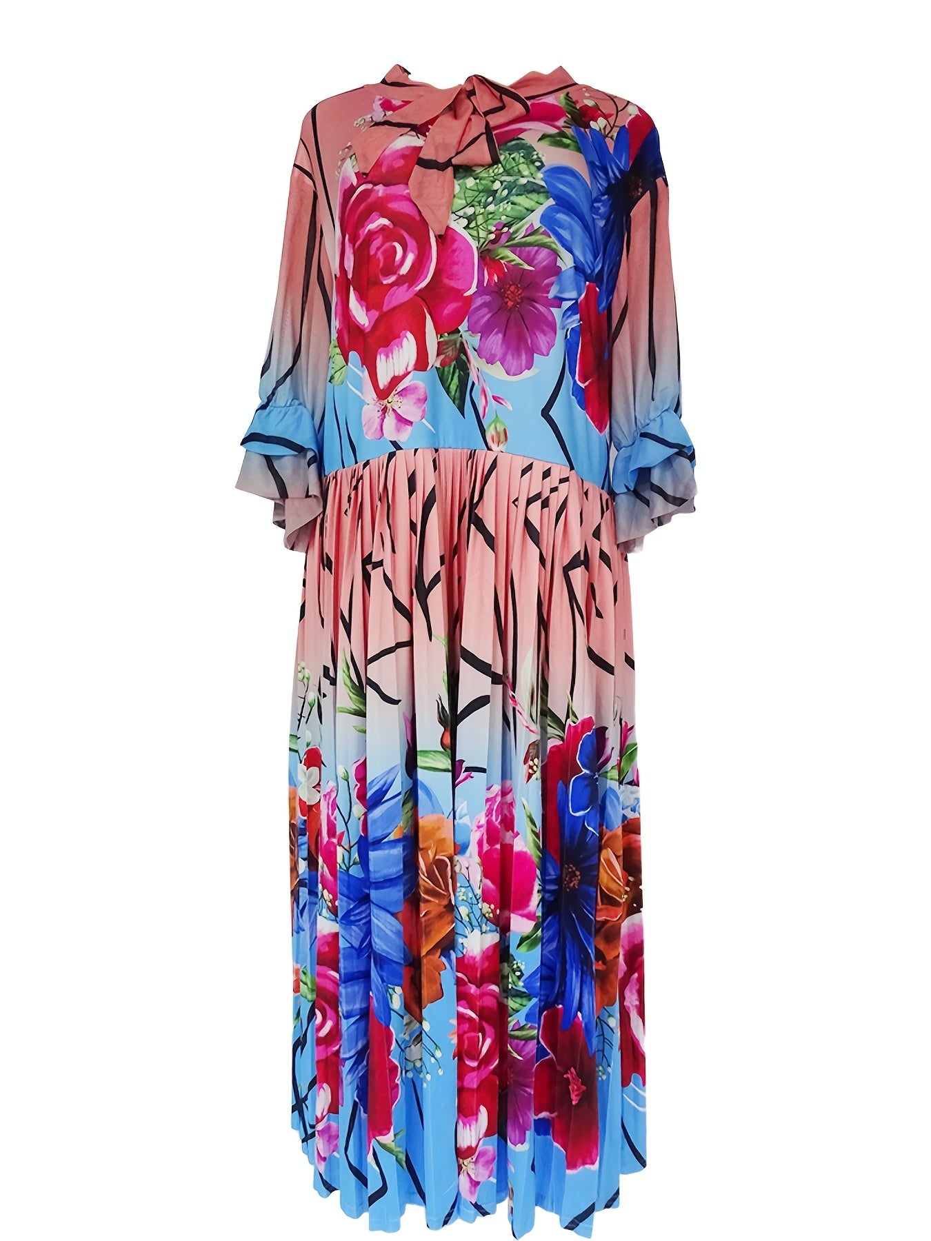 Floral Print Bow Tie Half Sleeve Midi Dress Women's Plus Size