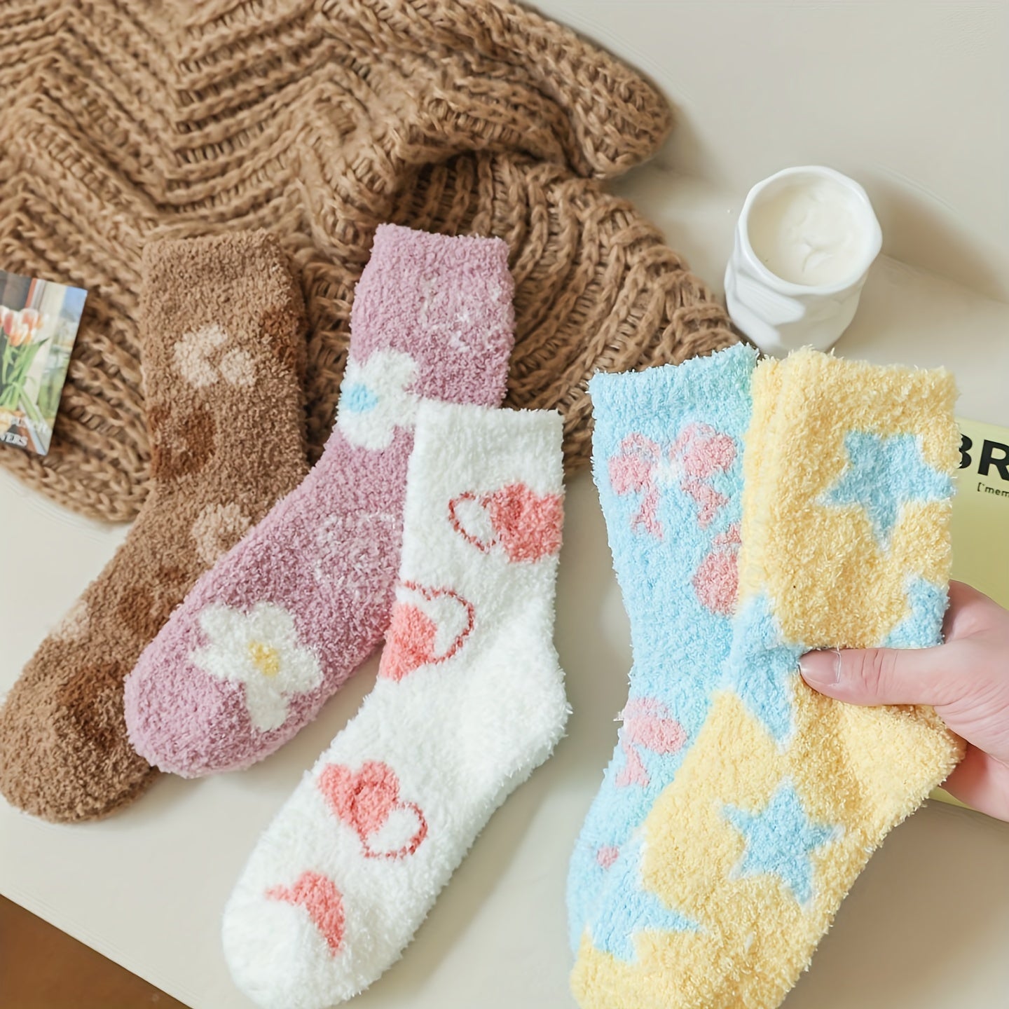 Star & Bow Plush Socks Soft Mid Tube Women's Stockings Hosiery