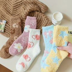 Star & Bow Plush Socks Soft Mid Tube Women's Stockings Hosiery