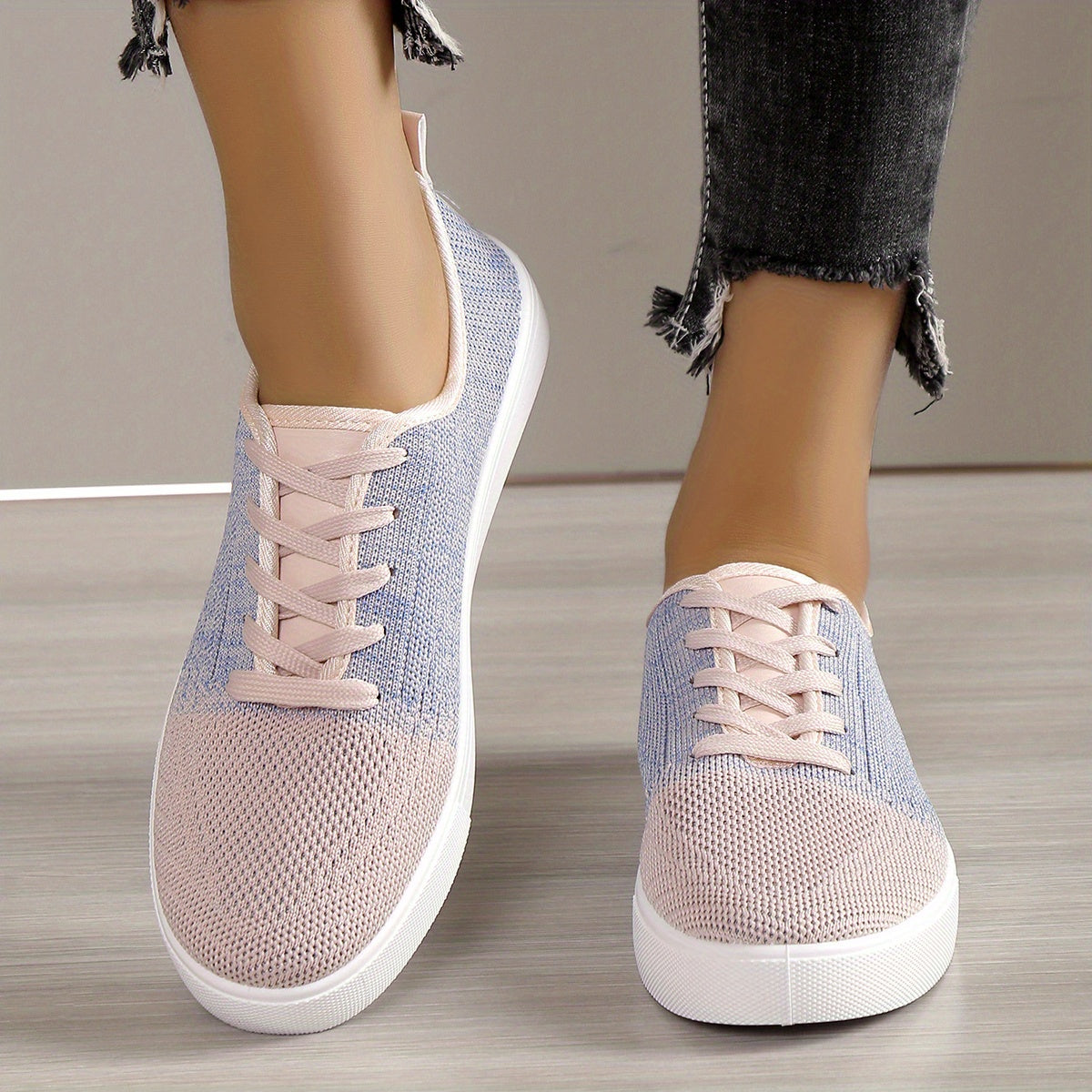 Women's Colorblock Knit Sneakers Lace Up Outdoor Shoes
