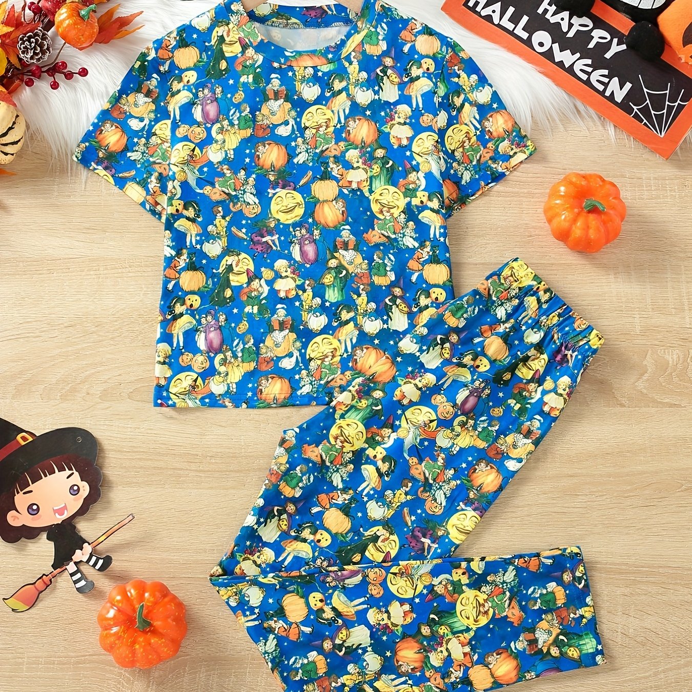 Kids' Pumpkin Witch Pajamas Set Halloween Style PJ Set Girl's