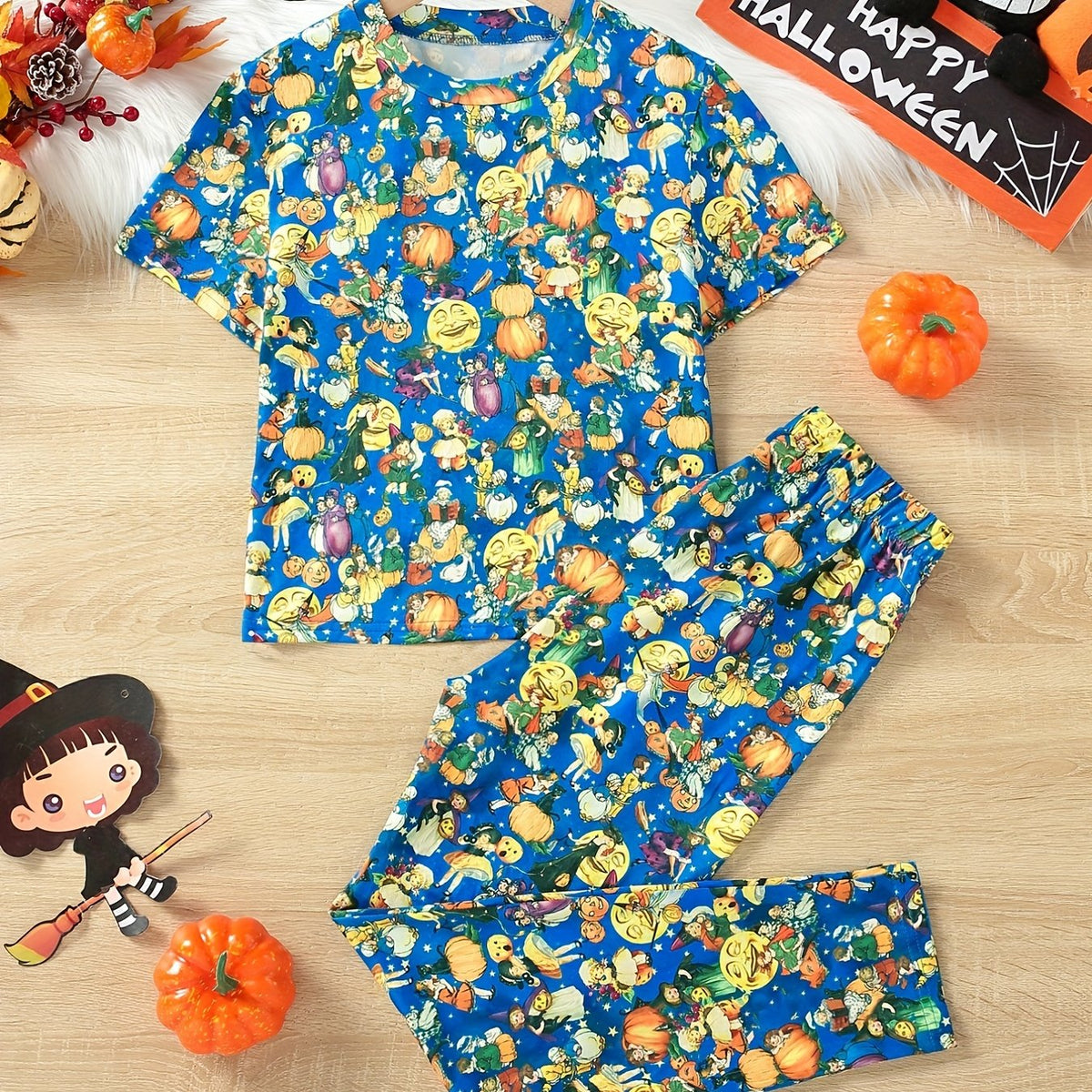 Kids' Pumpkin Witch Pajamas Set Halloween Style PJ Set Girl's