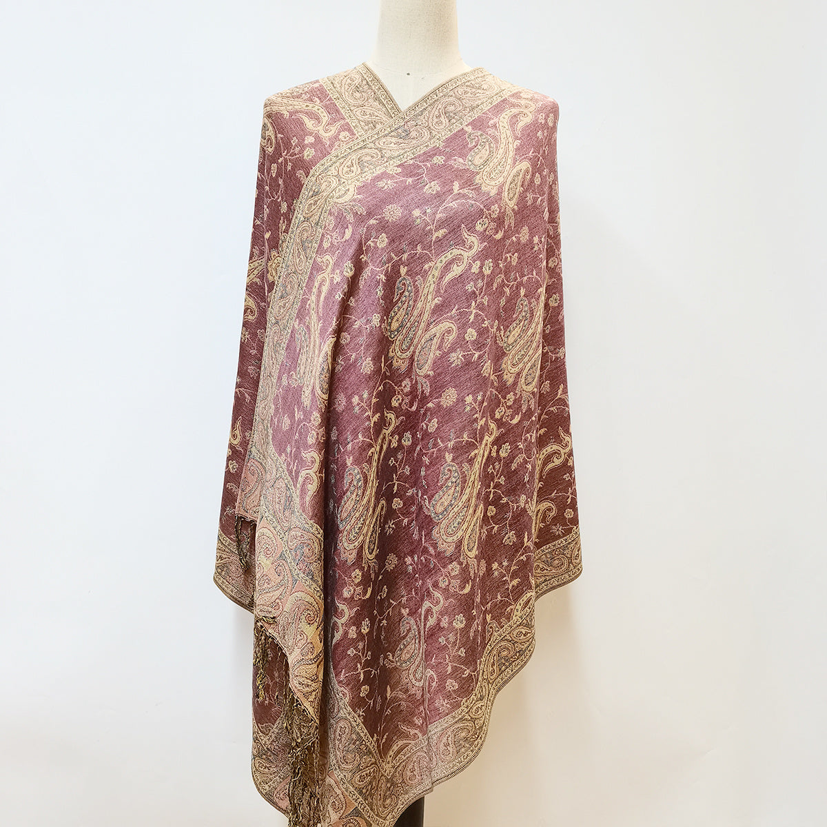Large Tassel Scarf Rose Pink Paisley Jacquard Vintage Shawl Windproof Wrap