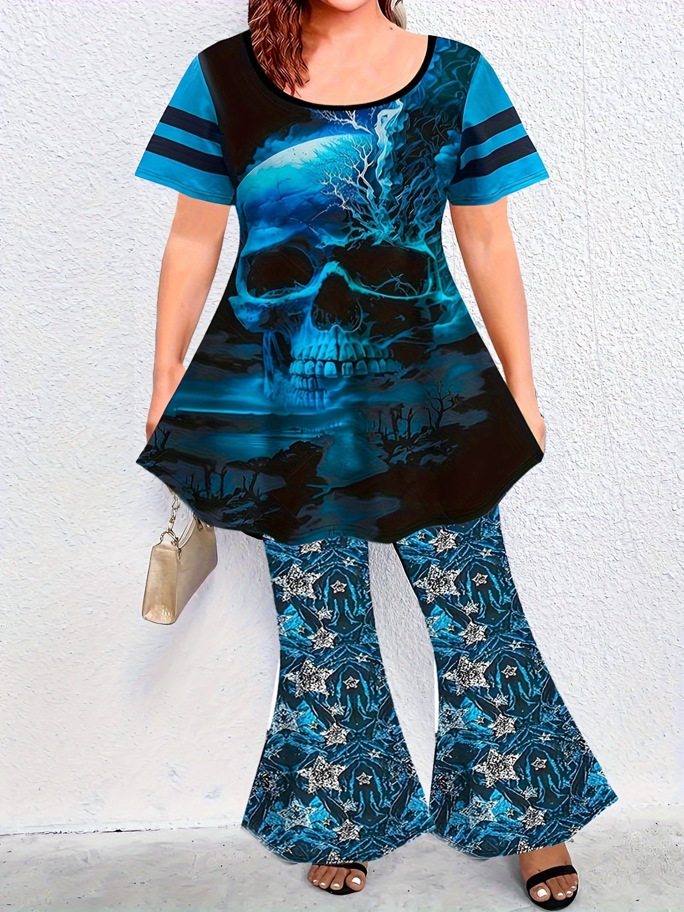  Gothic Outfits Set Women's Skull Print Tee & Star Pr