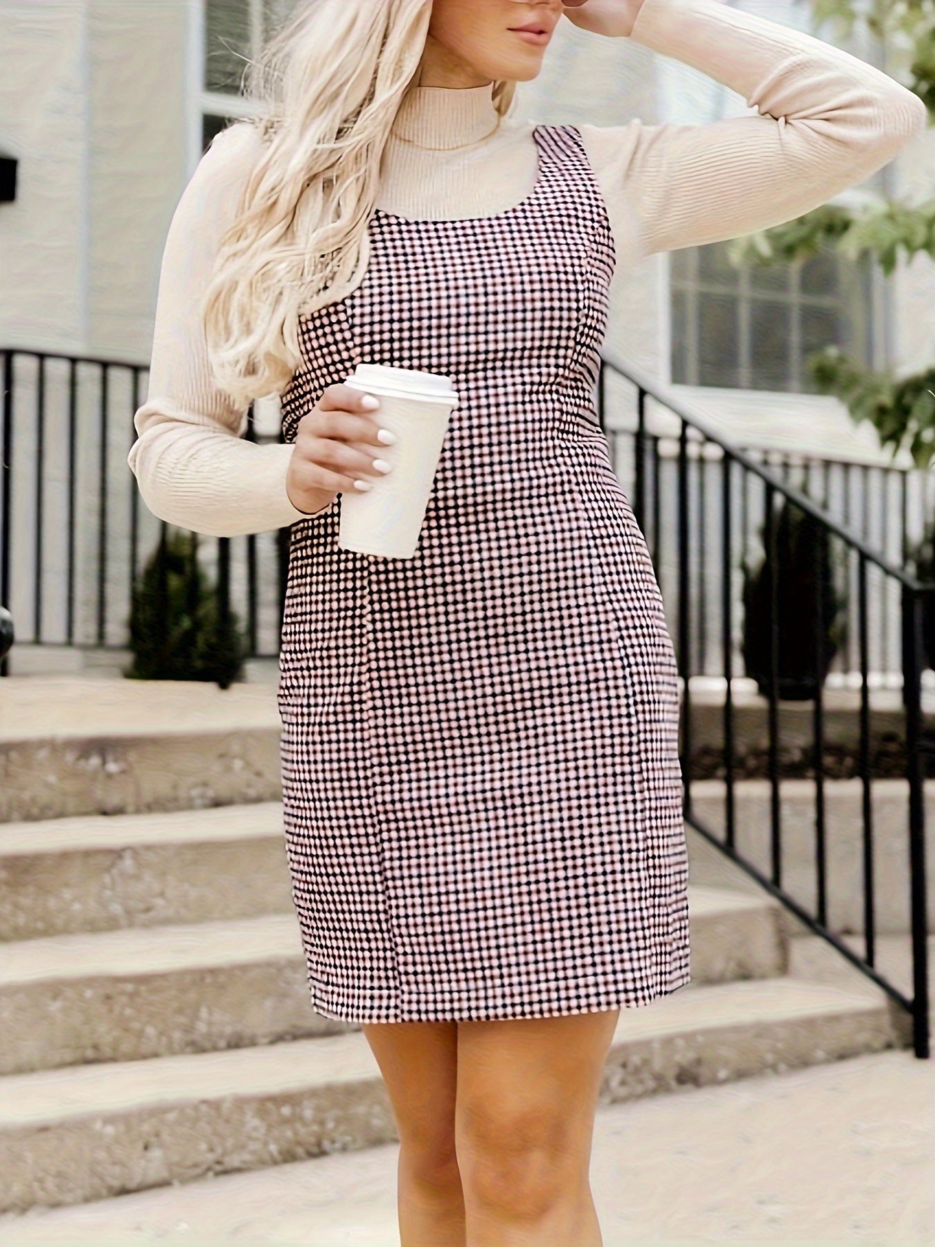  Plaid Print Round Neck Mini Tank Dress