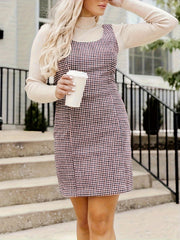  Plaid Print Round Neck Mini Tank Dress