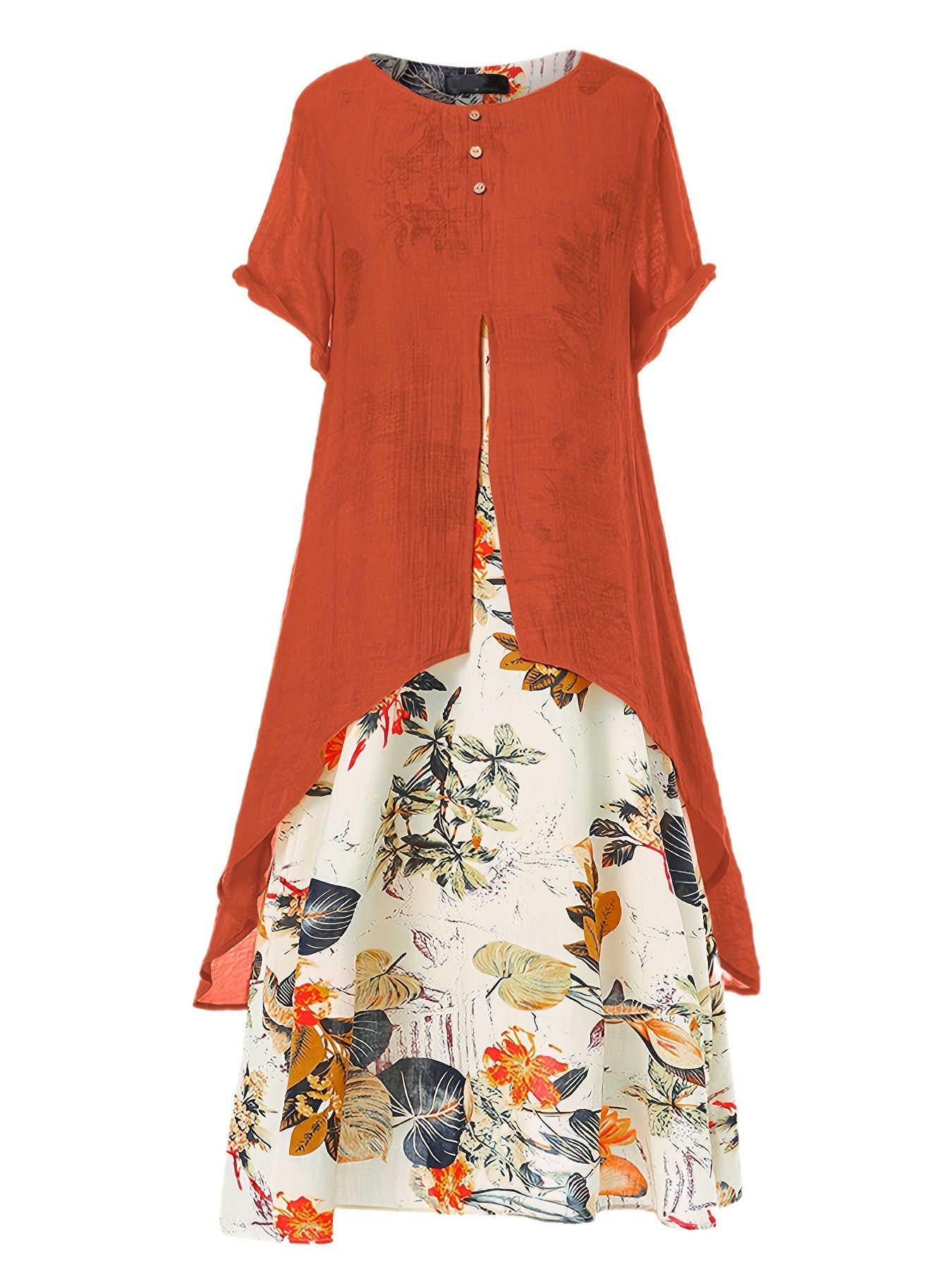 Asymmetrical Floral Print Dress Short Sleeve Crew Neck Casual Dress