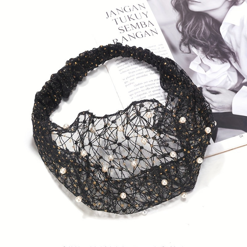 Vintage Boho Bandana Headband with Faux Pearl Stretch