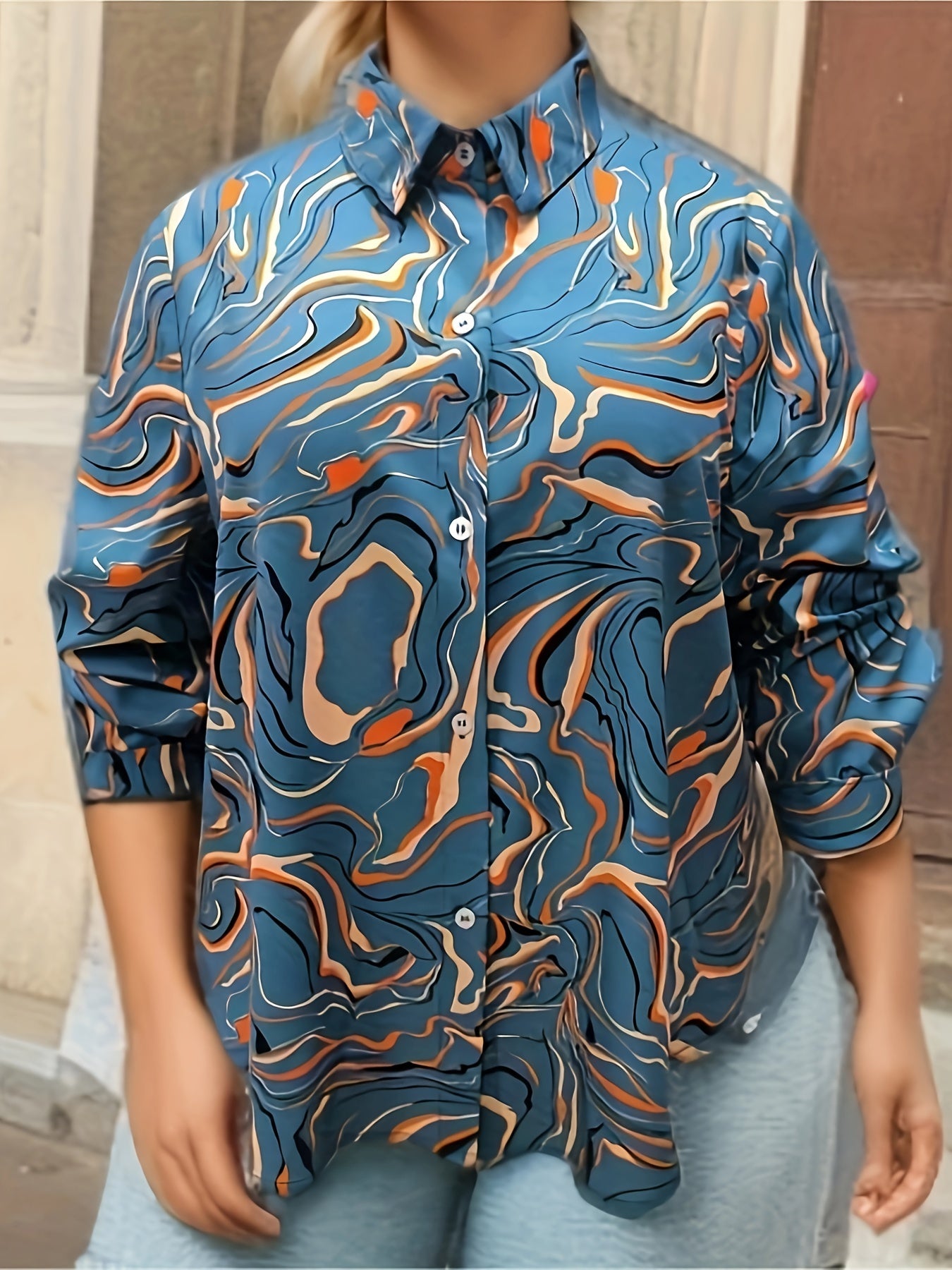  Marble Print Long Sleeve Button Up Collar Shirt