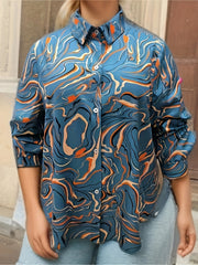  Marble Print Long Sleeve Button Up Collar Shirt