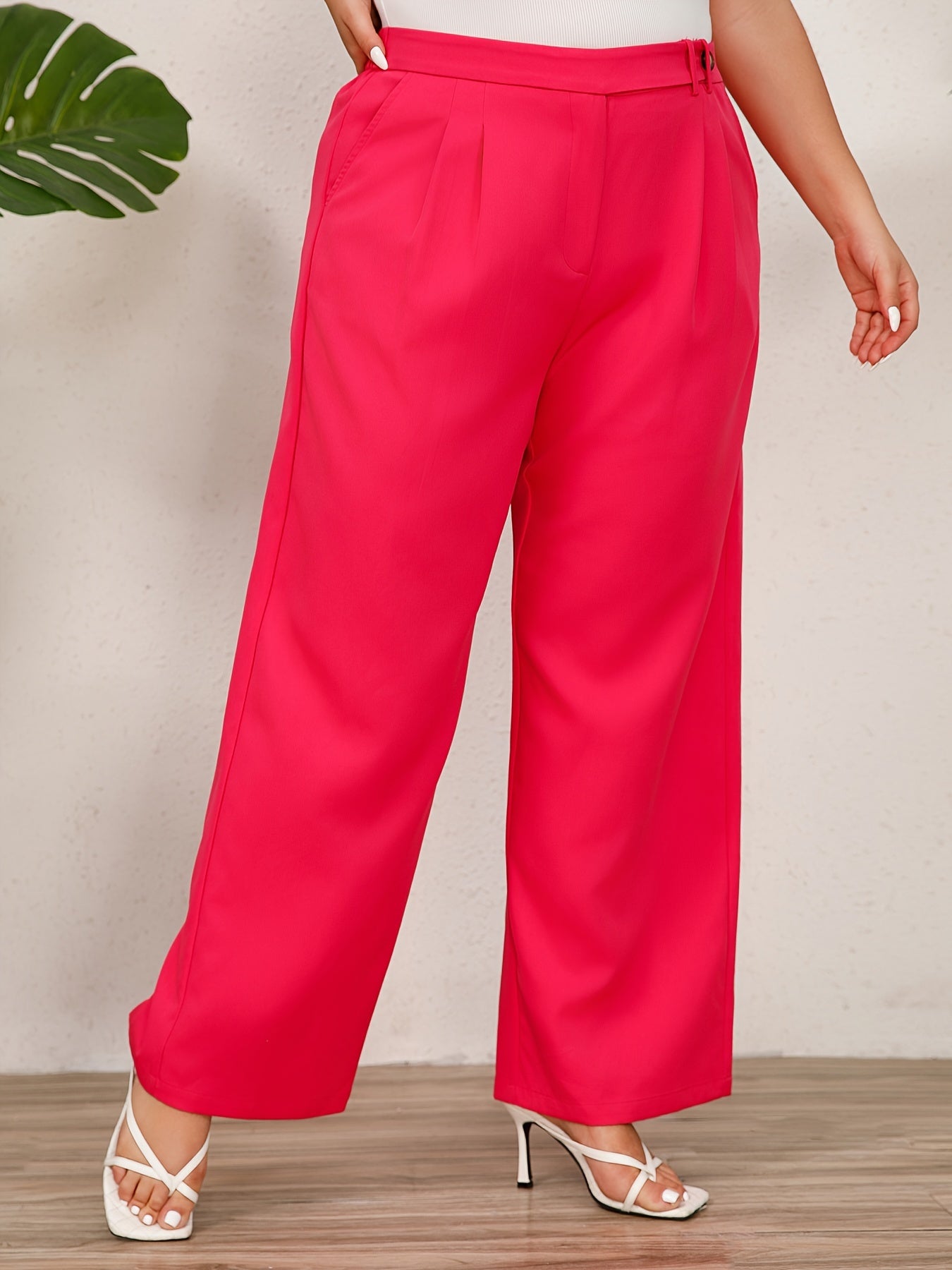 Solid Elastic High Rise Wide Leg Trousers