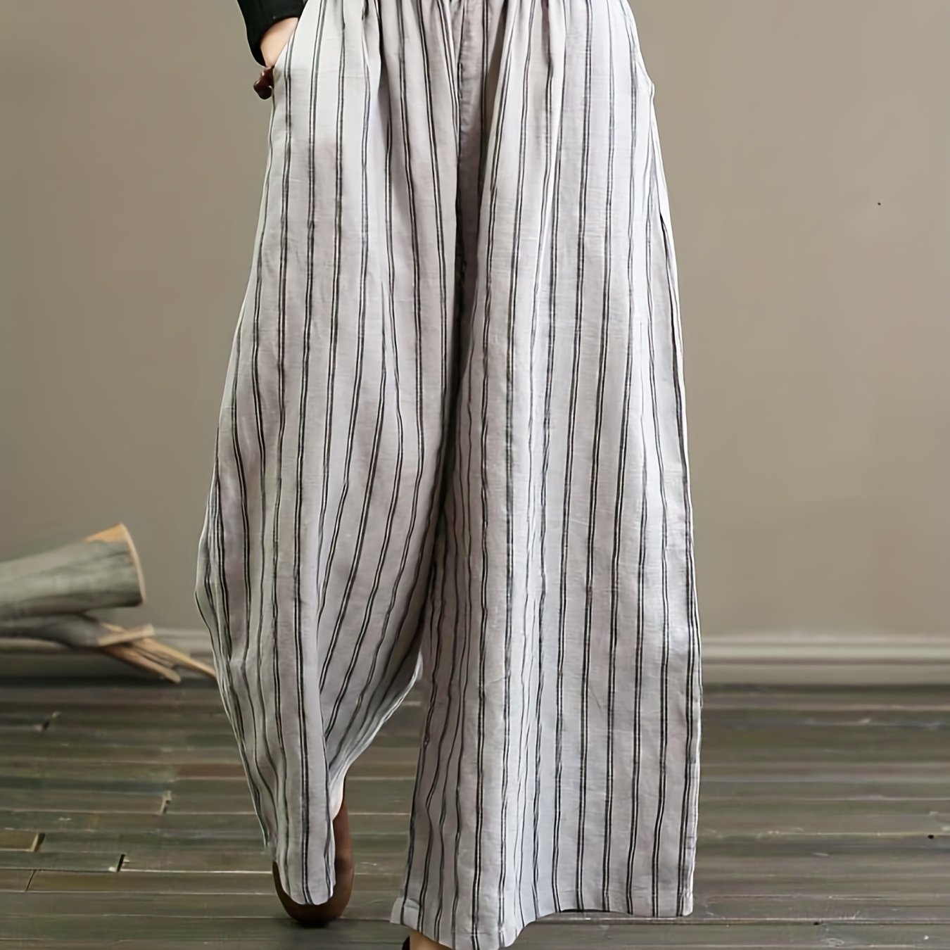  Wide Leg Trousers Stripe Print Elastic Pockets