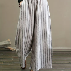  Wide Leg Trousers Stripe Print Elastic Pockets