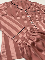 Striped Satin Pajama Set Long Sleeve Buttons Top & Elastic Waistband Pants