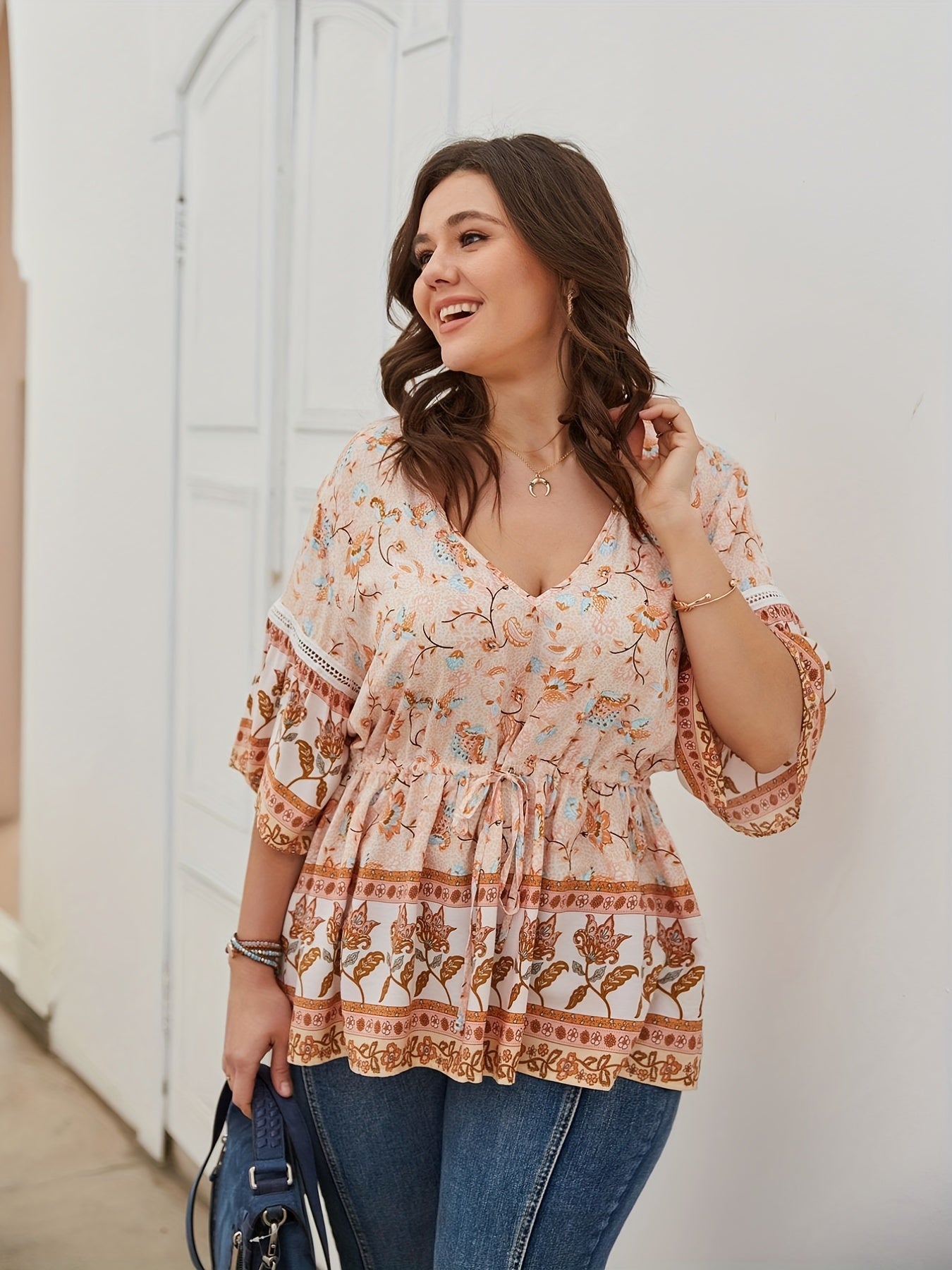  Boho Blouse Women's Floral Print V Neck Peplum Top