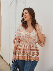  Boho Blouse Women's Floral Print V Neck Peplum Top
