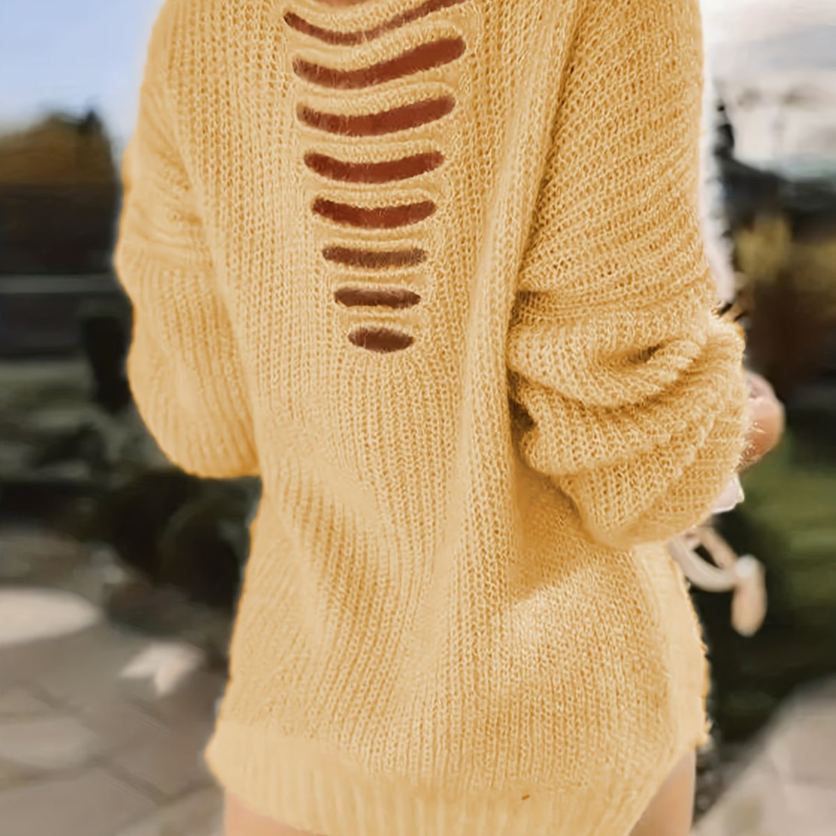 Casual Sweater Women Solid Knit Cut Out Back V Neck Long Sleeve Pullov