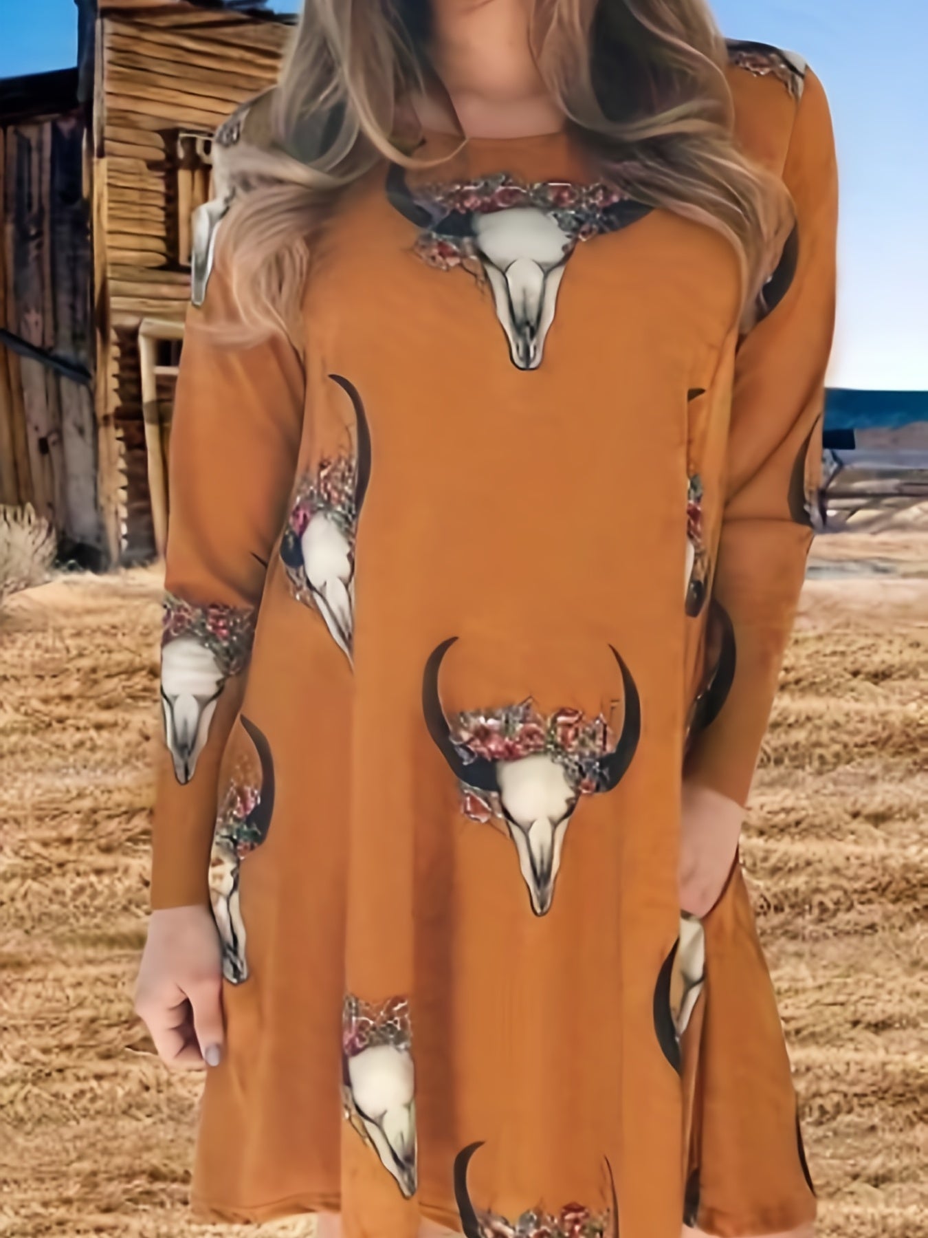 Plus Size Western Style Dress Women's Plus Floral Bull Skull Print Long Sleeve