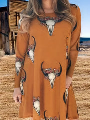 Plus Size Western Style Dress Women's Plus Floral Bull Skull Print Long Sleeve