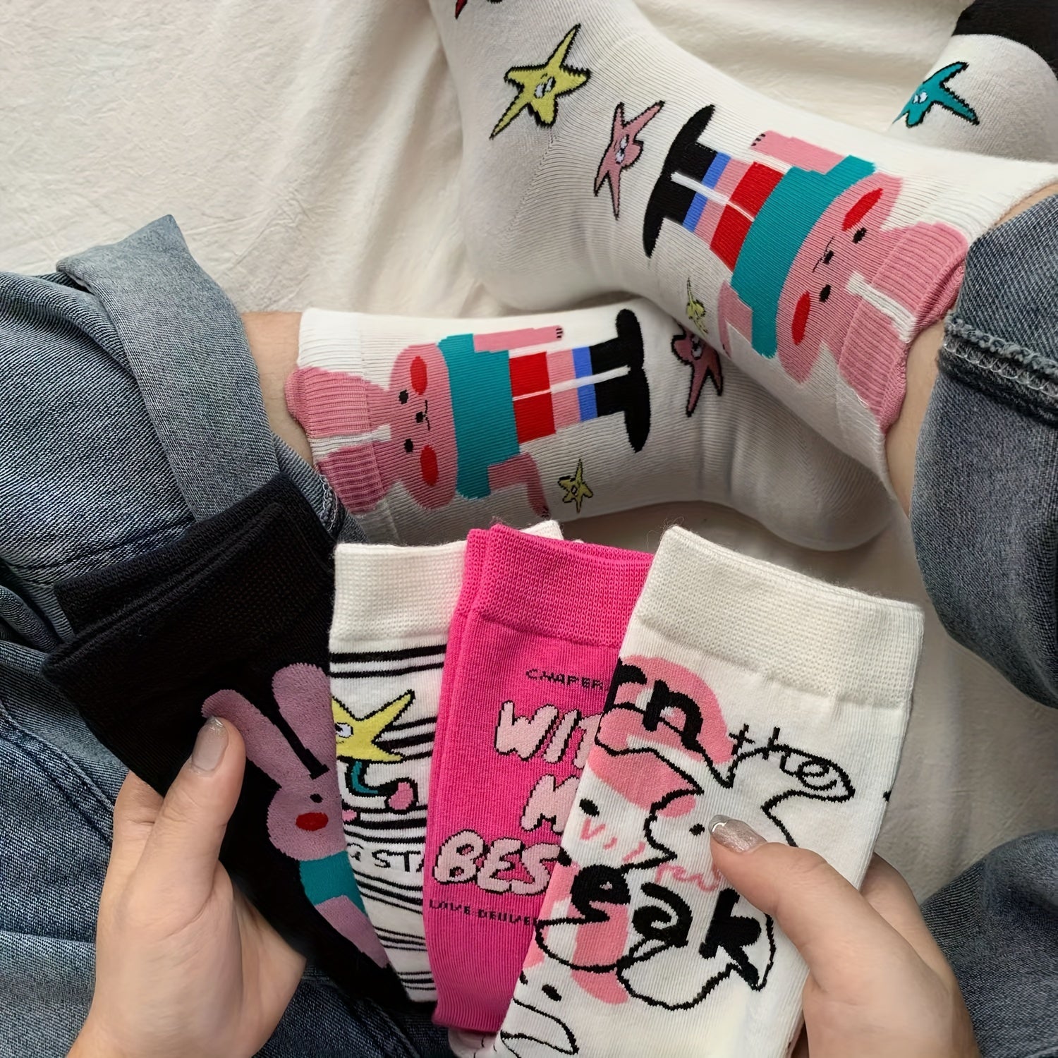5 Pairs Bunny & Letter Print Mid Tube Socks Women's Stockings