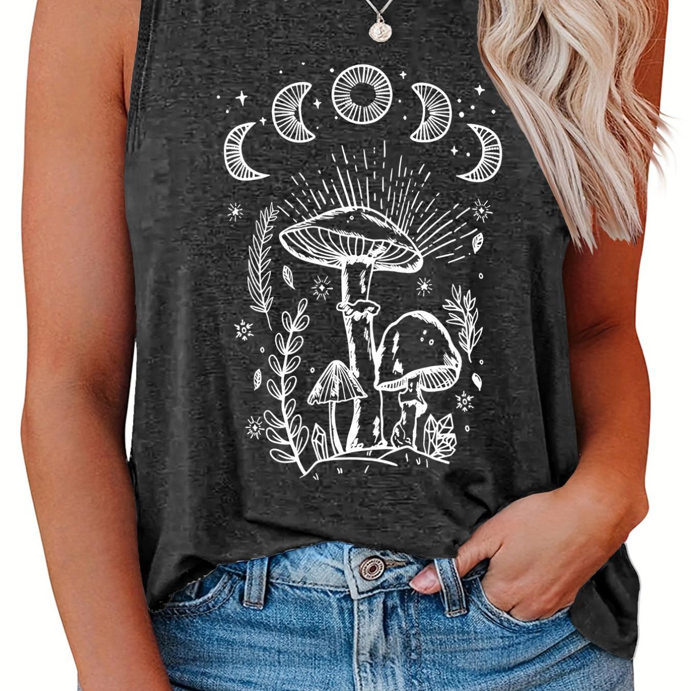  Mushroom & Moon Print Round Neck Tank Top