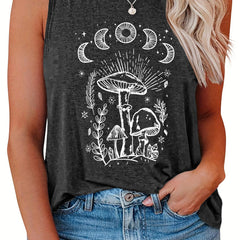  Mushroom & Moon Print Round Neck Tank Top