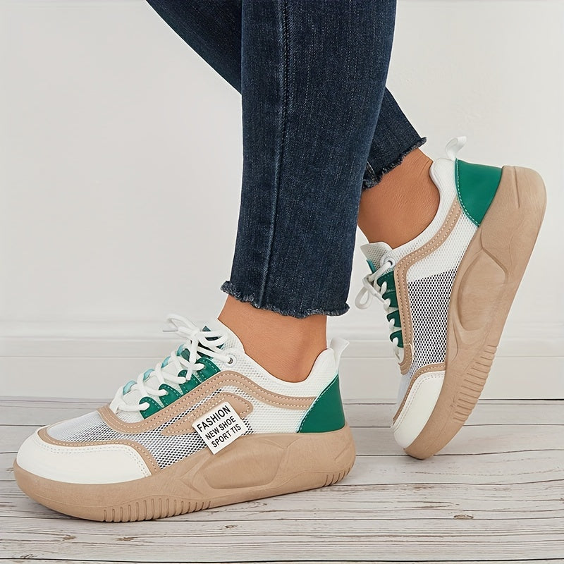 Women Colorblock Mesh Chunky Sneakers Thick Sole Lace Up Sport Shoes