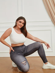 Faux Denim Floral Leggings High Waist Yoga Pants