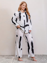  Brush Print Blouse & Wide Leg Pants Set