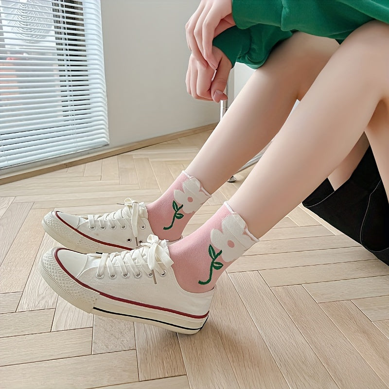 5 Pairs Floral Print Socks Comfy Mid Tube Women's Stockings
