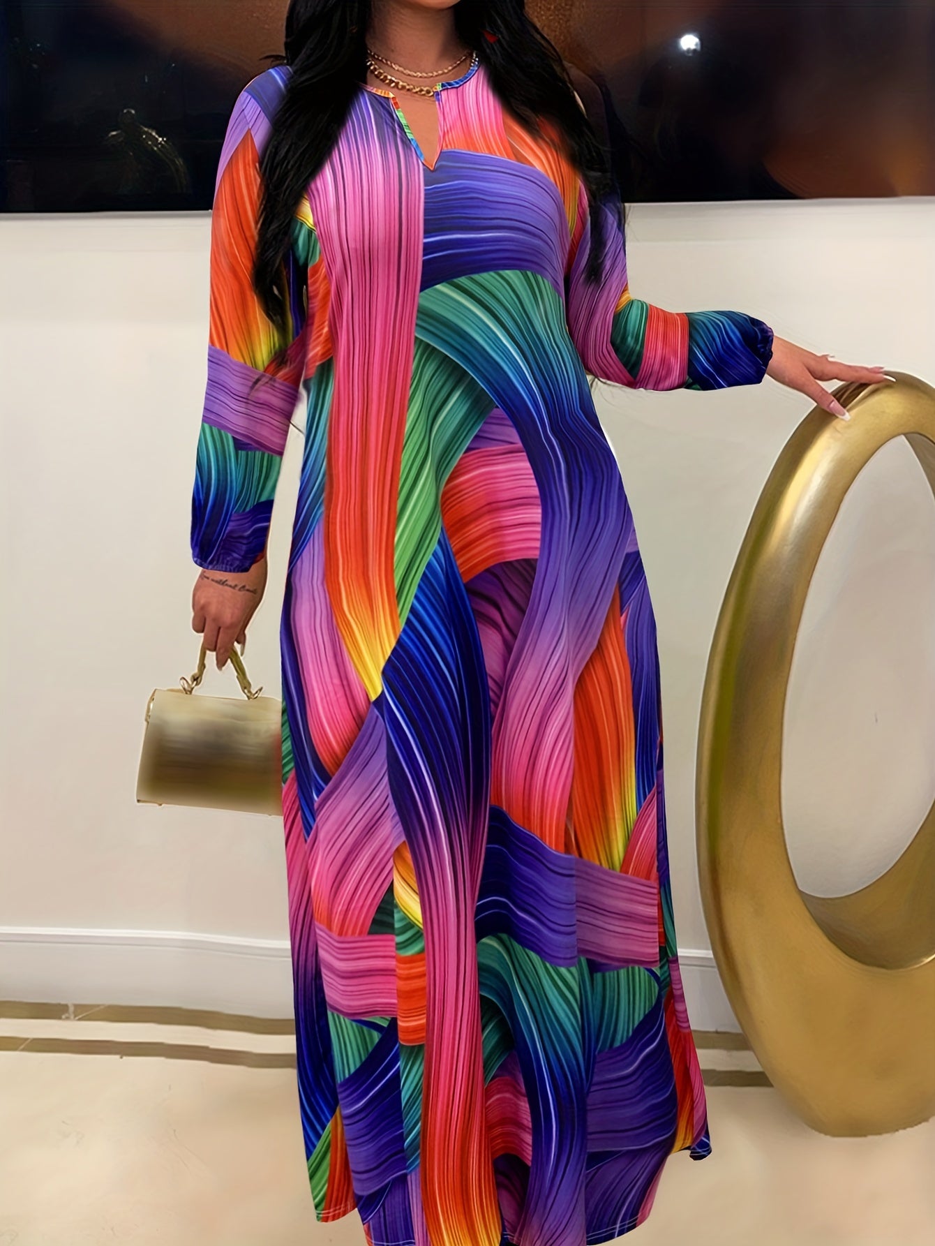  Striped Print Long Sleeve Maxi Dress