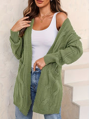  Solid Cable Long Sleeve Open Front Cardigan With Pockets