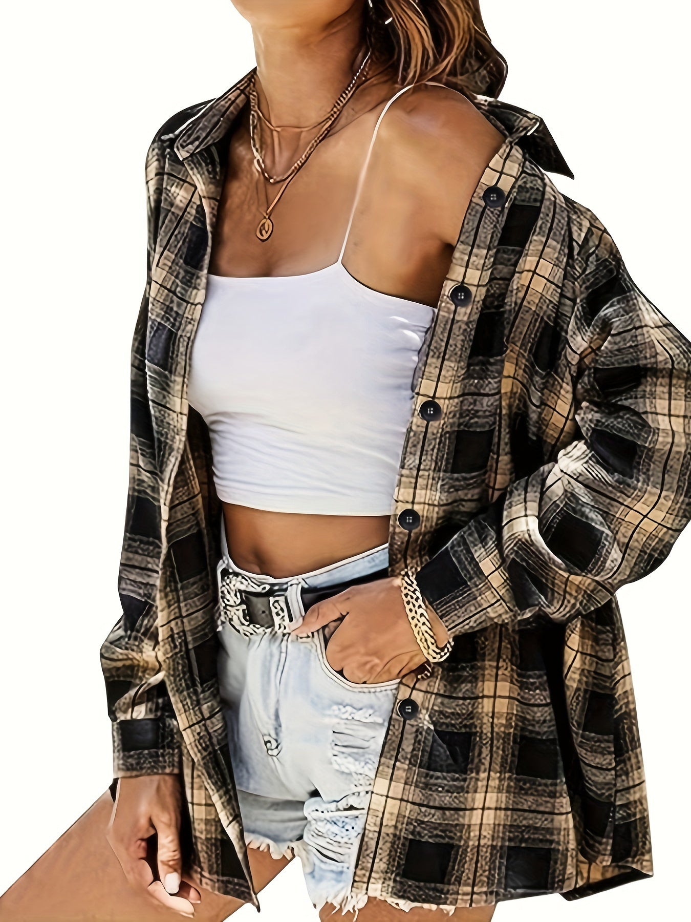  Plaid Print Button Up Long Sleeve Blouse