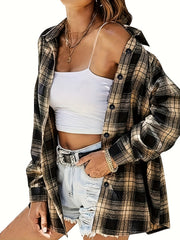  Plaid Print Button Up Long Sleeve Blouse