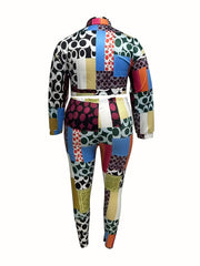  Colorblock Print Knot Crop Top & Pants Set