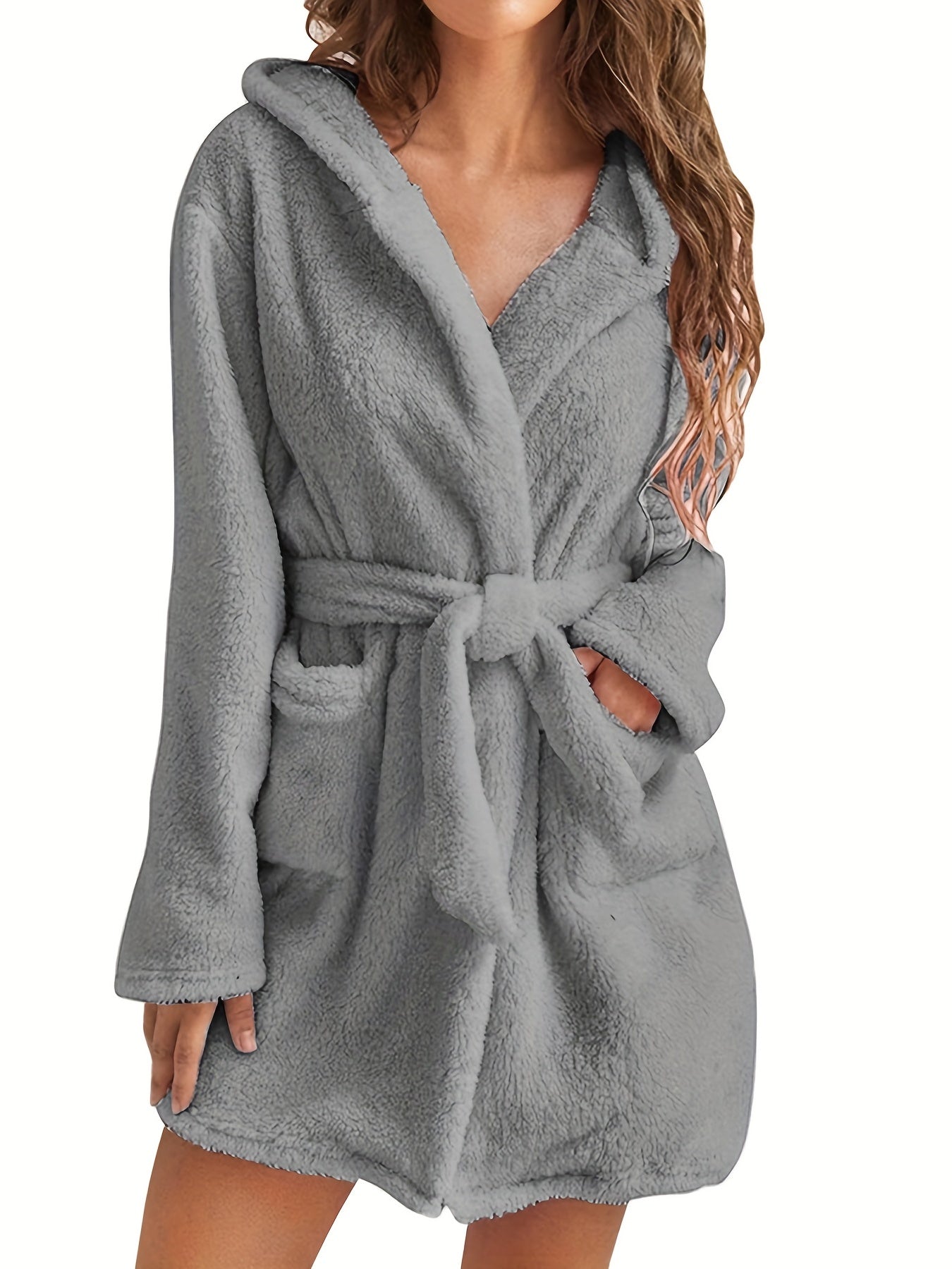  Long Sleeve Hooded Fleece Bathrobe With Pockets