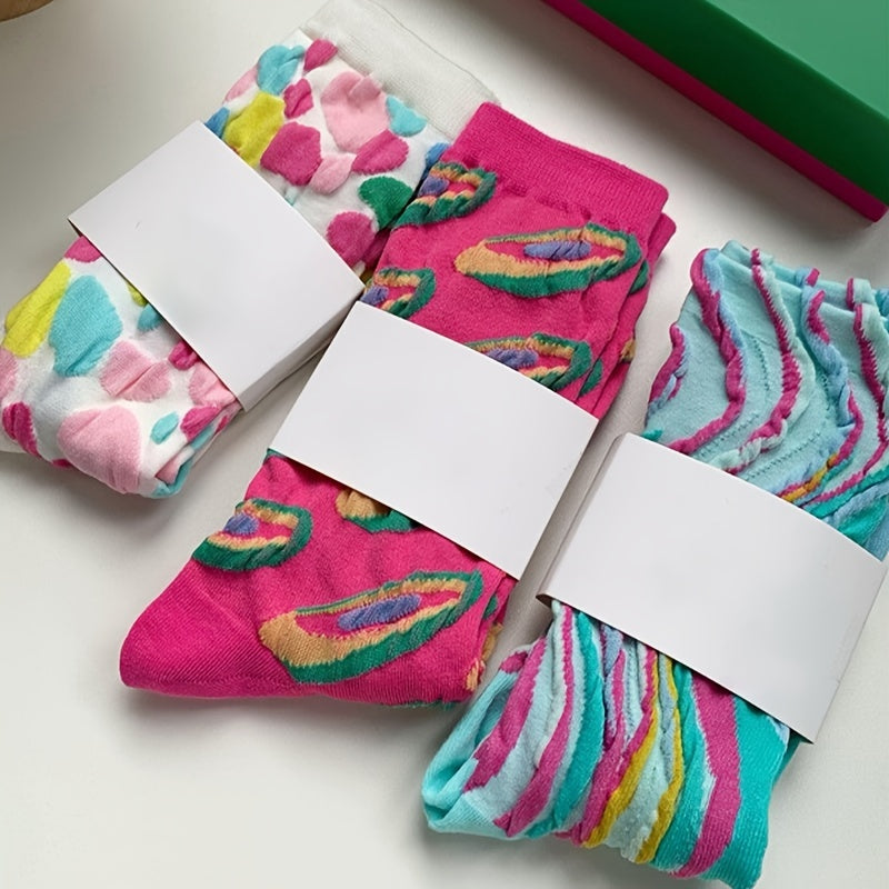 3 Pairs Colorblock 3D Textured Socks Breathable All match Women's Stockings