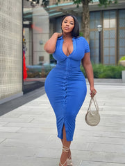  Solid Bodycon Dress Short Sleeve Button Up Sexy