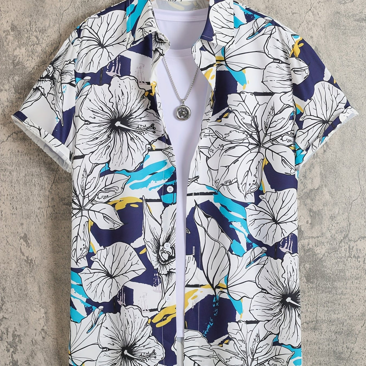 Men's Floral Lapel Shirt Casual Button Up Short Sleeve Loose Shirt