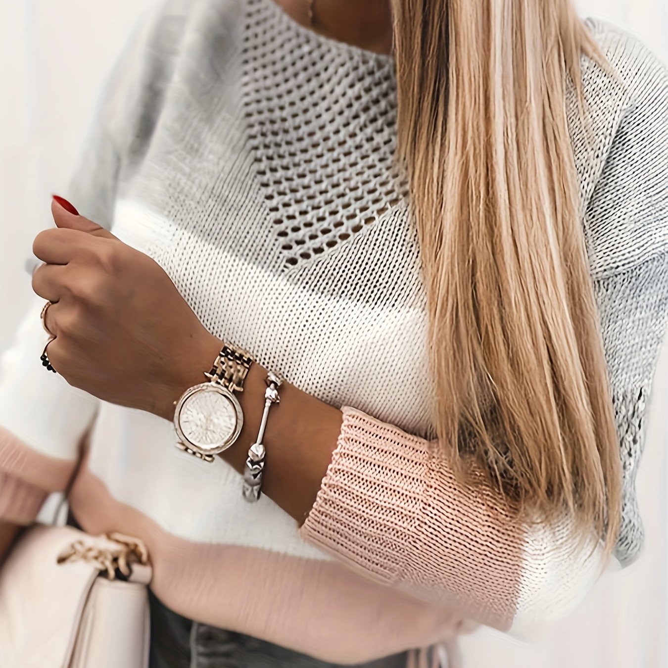  Colorblock Pointelle Drop Shoulder Sweater