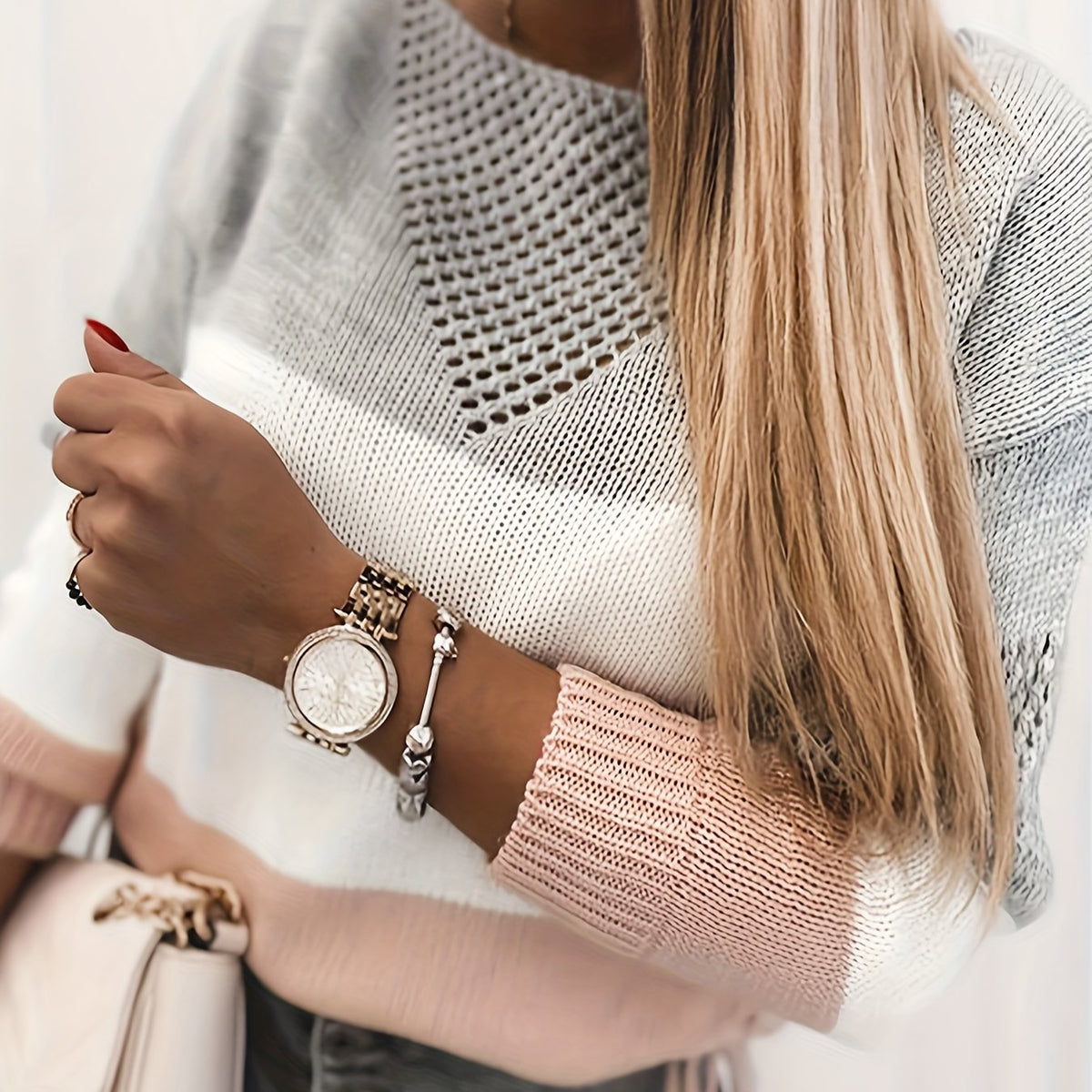  Colorblock Pointelle Drop Shoulder Sweater