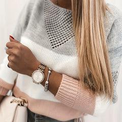  Colorblock Pointelle Drop Shoulder Sweater