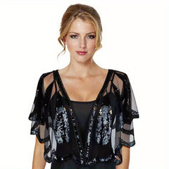 Sequin Beads Decor Shawl Embroidery Cape Mesh Short Cardigan Women Dress Accesso