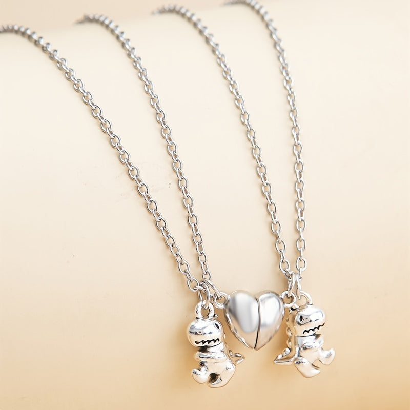 Couple Magnet Heart Dinosaur Pendant Necklaces for Friendship